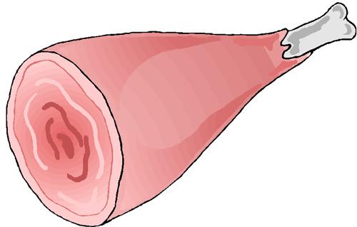 Una pieza de jamón cocido con hueso; dibujo.