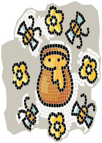 Mosaico con miel en una jarra,.