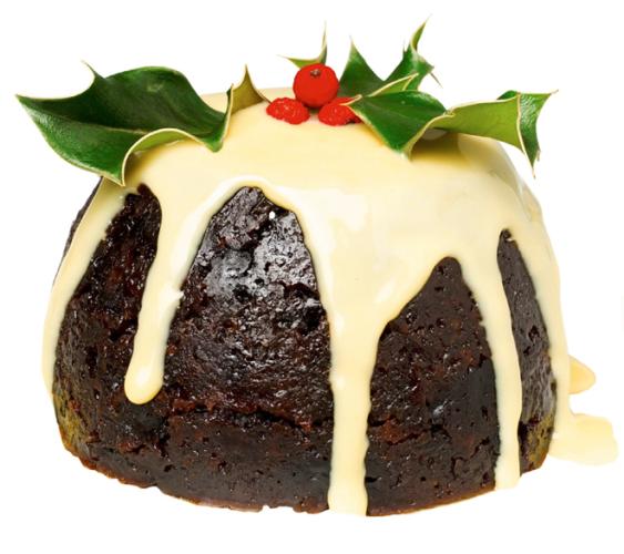 Postre de navidad inglés, Christmas pudding, con salsa.