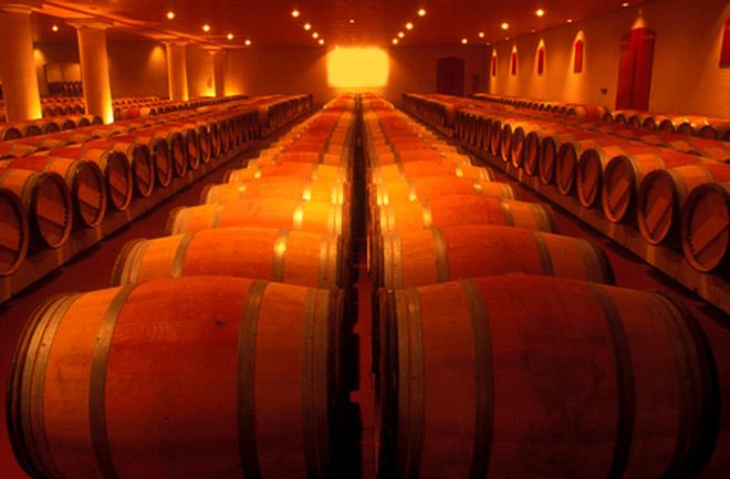 Bodega con barrilas de vino.