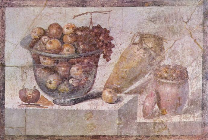 Cuenco de cristal con fruta de Pompeya.