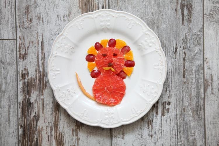 León dibujado con rodajas de naranja y pomelo.