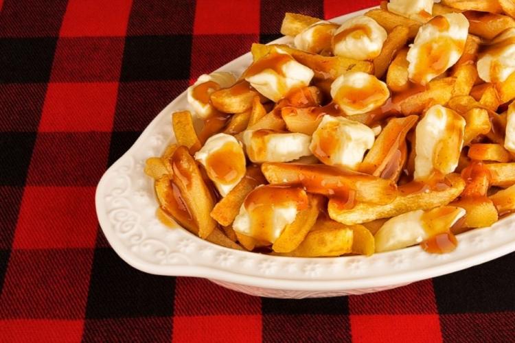 Una fuente con poutine de queso y salsa oscura.