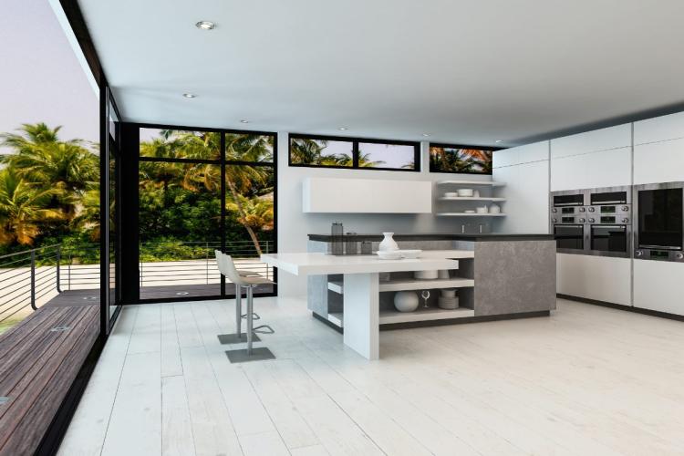 Cocina abierta con diseño ultra moderno.