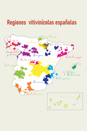 Mapa con las regiones vinícolas de España.