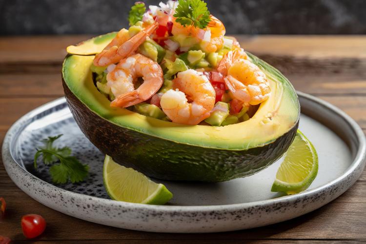 Aguacate relleno de cebiche de gambas sobre un plato, acompañado con trozos de lima.