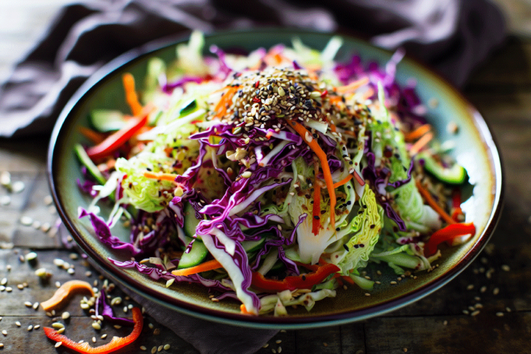 Ensalada asiática de repollo con semillas y verduras frescas.