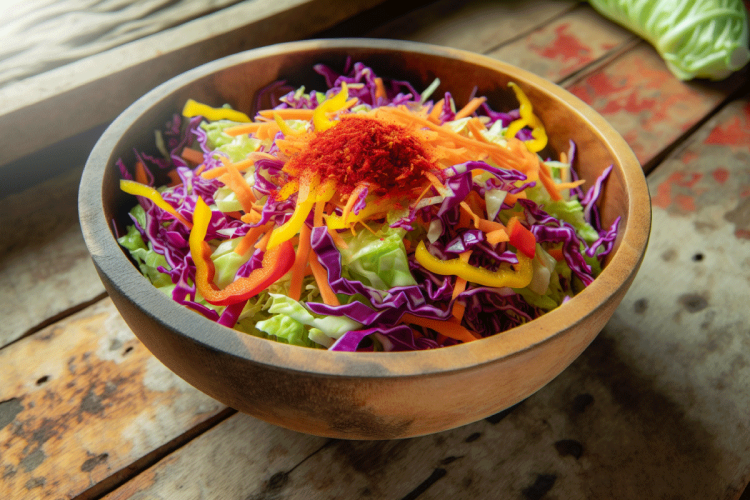 Ensalada de repollo con variedad de verduras y pimentón.