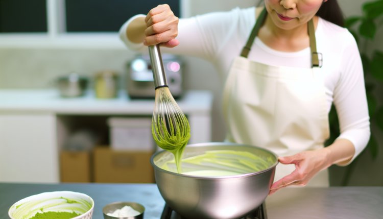 Preparación de postre con té matcha.