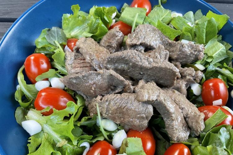 Una ensaladera baja con ensalada de carne al estilo vietnamita hecha con filetes de cadera y hojas variadas.