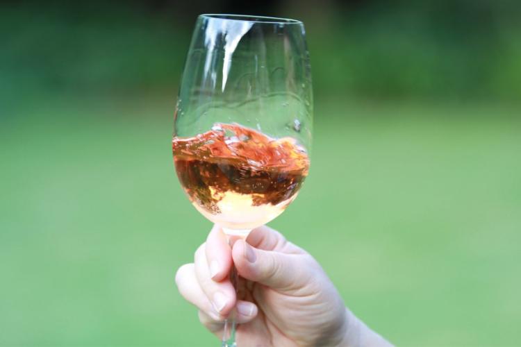 Momento en el que se agita el vino en la copa durante una cata de vinos.