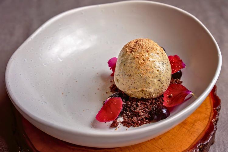 Un cuenco con helado con sabor a acacia café.
