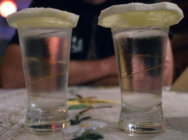 Dos vasos de vodka con limón.