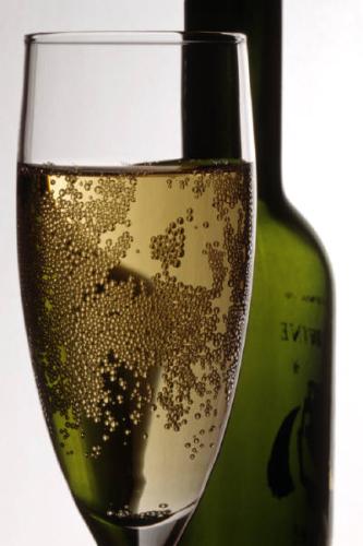 Una botella y una copa de vino espumoso.