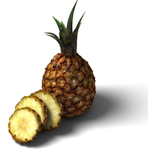 Una piña tropical entera y tres rodajas de piña.