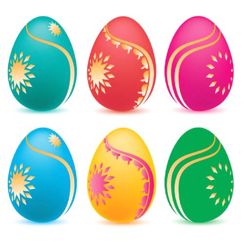 Filas de huevos de Pascua de diversos colores; dibujo.