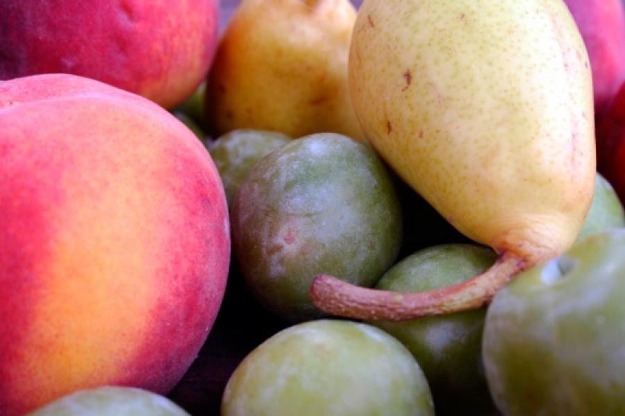 Slección de fruta incluyendo melocotón, pera y ciruela.