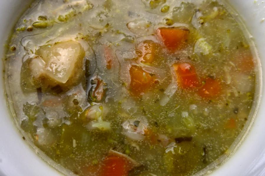 Sopa de verduras y pollo con trigo espelta.