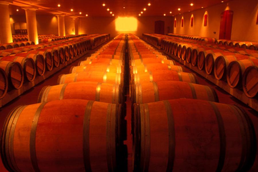 Bodega con barrilas de vino.