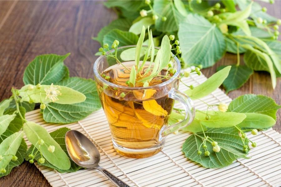 Infusión de tila en una taza rodeada de flores y hojas.