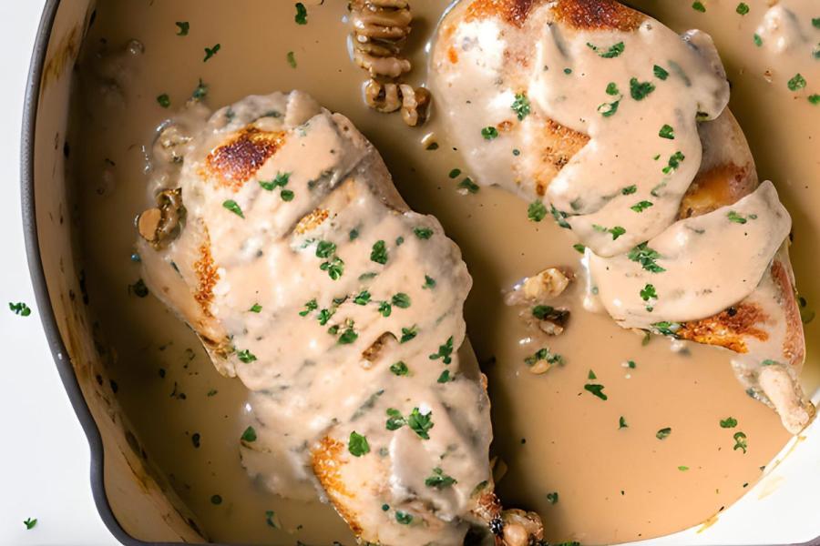 Pechugas de pollo con salsa cremosa de nueces pacanas.