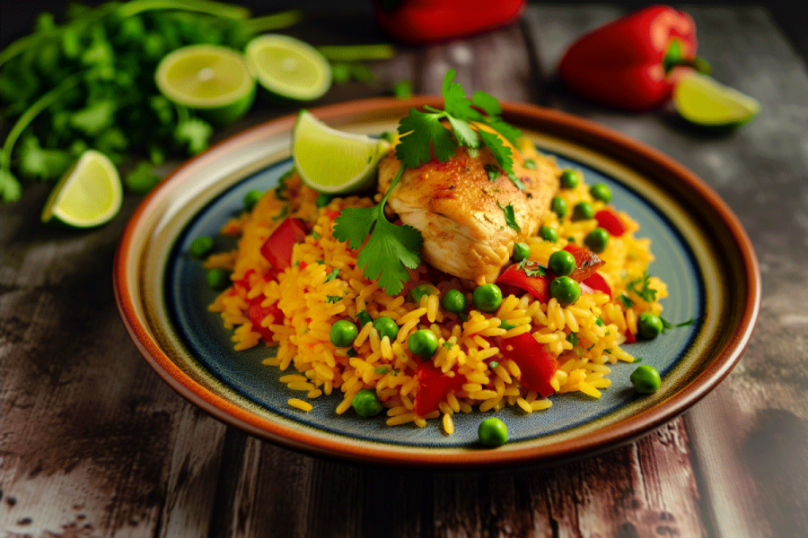 Emplatado elegante de arroz con pollo.