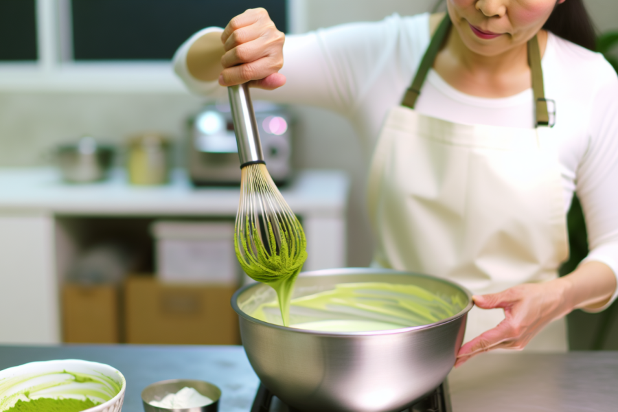 Preparación de postre con té matcha.