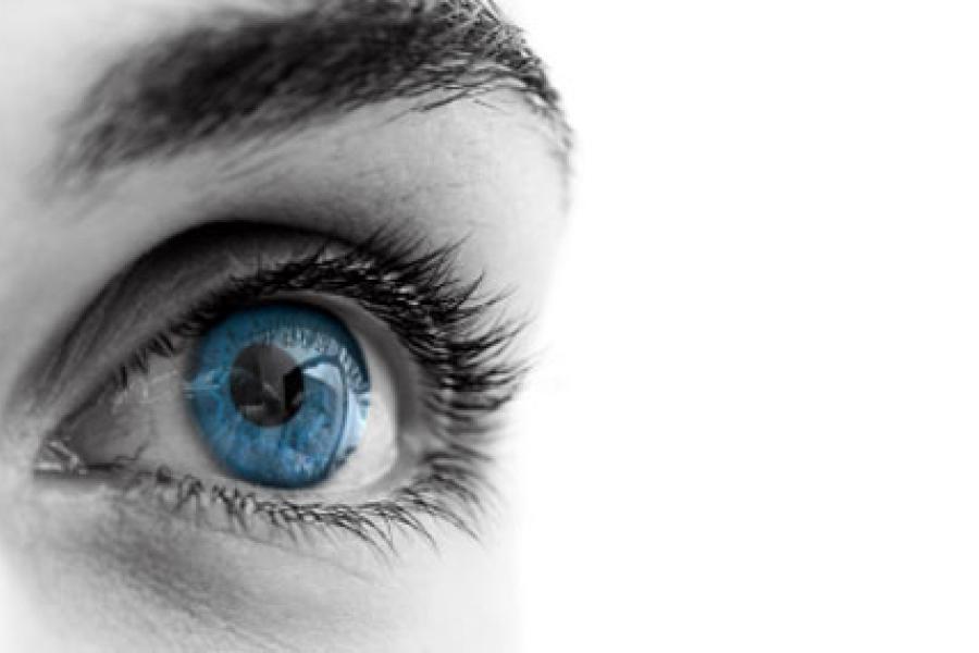 Detalle de un ojo con un iris de color azul.