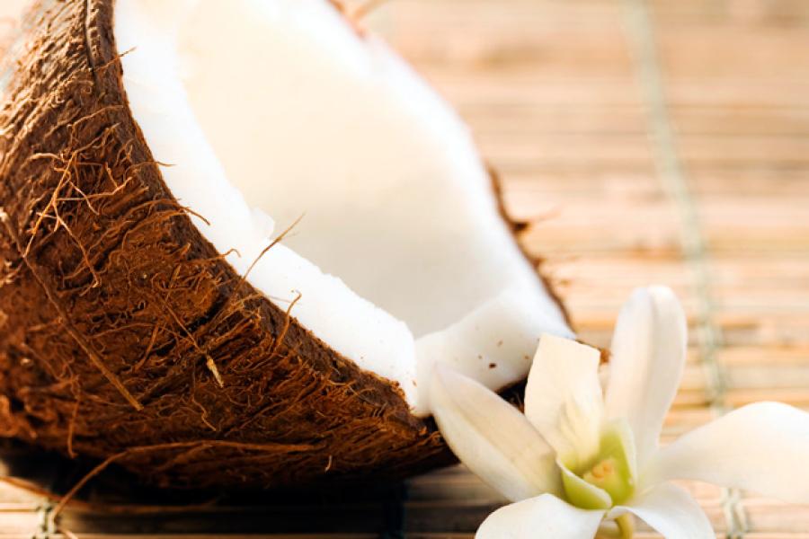Medio coco mostrando la pulpa blanca.