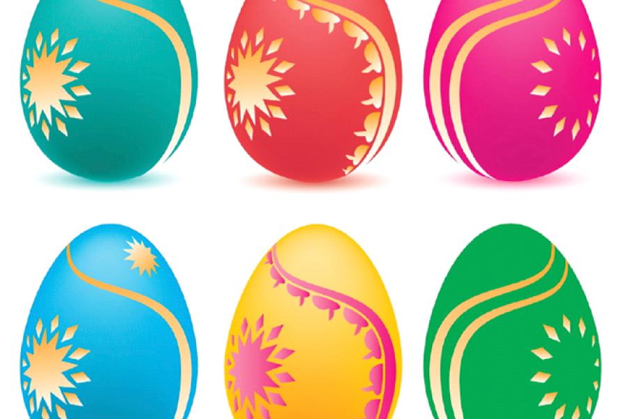 Filas de huevos de Pascua de diversos colores; dibujo.