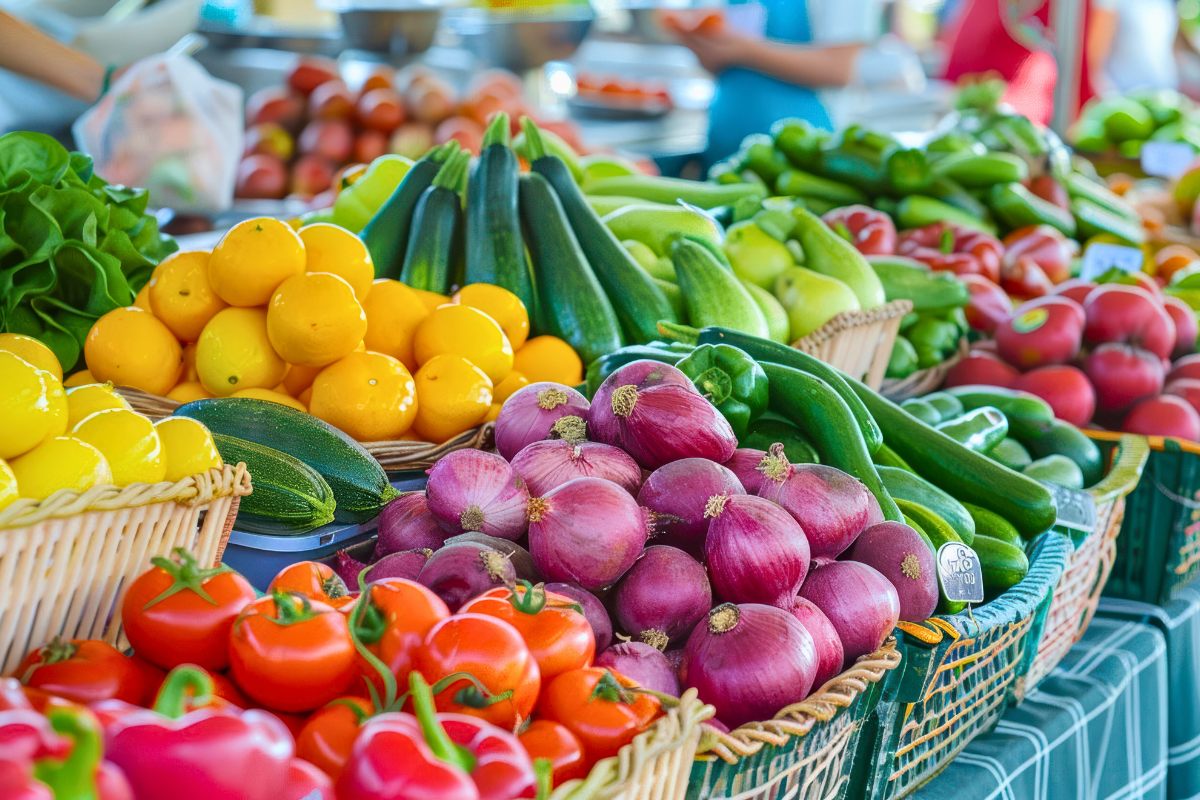 Verduras y frutas en un puesto de mercado.